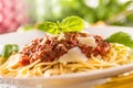 Close up italian pasta spaghetti bolognese in white plate Royalty Free Stock Photo