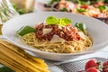 Close up italian pasta spaghetti bolognese in white plate Royalty Free Stock Photo