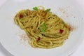 Close up of italian spaghetti with garlic, oil and hot pepper