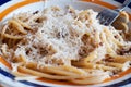 close up of italian spaghetti. Italian pasta with bacon, parmisan cheese and olive oil. Royalty Free Stock Photo