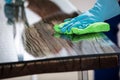 Janitor`s Hand Cleaning Desk With Cloth Royalty Free Stock Photo