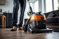 Close-Up of Janitor Using Vacuum Cleaner for Professional Carpet Cleaning Service. AI Royalty Free Stock Photo