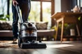 Close-Up of Janitor Using Vacuum Cleaner for Professional Carpet Cleaning Service. AI