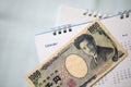 Close up Japan banknote with calendar