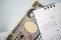 Close up Japan banknote with calendar