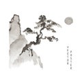 Close-up of a Japanese bonsai on a rock by the light of the sun or moon. Drawing in Japanese and Chinese style. Royalty Free Stock Photo