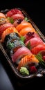 The close up of Japanese delicious sushi in the lunch box set Royalty Free Stock Photo