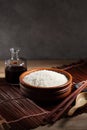 Close up Japanese rice in measuring cup on table Royalty Free Stock Photo