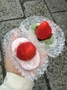 Close-up Japanese traditional dessert, daifuku or mochi, double red bean strawberry and green tea daifuku, on the hand for couple Royalty Free Stock Photo