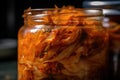 close-up of jar of kimchi, with its spicy flavor and crunchy texture visible