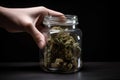 close-up of a jar of medical marijuana, with hand reaching in to grab some