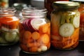 close-up of jar of pickled vegetables, with the jars contents visible Royalty Free Stock Photo