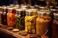 close-up of jarred pickles and spices lined up for sale