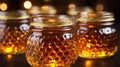 A close up of jars of honey on a table. Generative AI image.