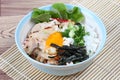 Close up jasmine rice topped soft boil eggs and fried pork. Selective focus. Royalty Free Stock Photo