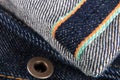 Close up of jeans fragment with button. Denim texture. Selvage.