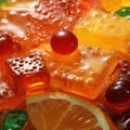 Close-up jelly texture. Colorful bright fruit and berry jelly marmalade with fresh berries.