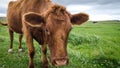 Close up of Jersey cow in grass with head lowered, looking at camera. Royalty Free Stock Photo