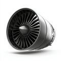 A close up of a jet engine with a black and silver color scheme