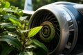 Close-up of jet engine with green leaf symbol for sustainable and renewable fuel in aviation
