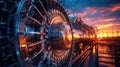 a close up of a jet engine at sunset Royalty Free Stock Photo