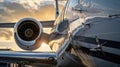 Close-up of a jet engine with a sunset backdrop, showcasing aviation technology and design Royalty Free Stock Photo