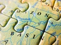 Close up of a jigsaw puzzle map depicting Amazon Basin