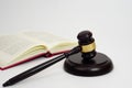 Close up of judge gavel, lawyer, law, justice with law book in background.  Law and jurisprudence concept. Royalty Free Stock Photo