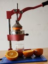 Close up of a juicer with oranges on a white background Royalty Free Stock Photo