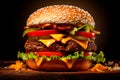 Close-up of juicy burger. Burger on a wooden table. AI generated