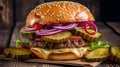 Close up of juicy gourmet burger on wooden table. Beaf burger with lettuce, sliced pickles, cheddar cheese and fresh red onion