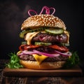 Close up of juicy gourmet burger on wooden table. Double monster burger with beef meat, lettuce, sliced pickles, cheddar cheese