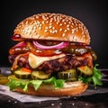 Close up of juicy gourmet burger on wooden table. Monster burger with beef meat, lettuce, sliced pickles, cheddar cheese and fresh