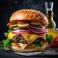 Close up of juicy gourmet burger on black background. Monster burger with beef meat, lettuce, sliced pickles, cheddar cheese and