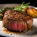 Close up of juicy medium rare Filet Mignon steak with butter and rosemary served on white plate with potatoes. Grilled medallion Royalty Free Stock Photo
