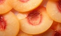 Close-up of a juicy peach slice. Created by AI tools