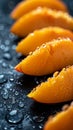 Close-up of juicy peach slices with glistening water droplets on a sleek black background