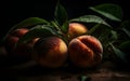 Close-up of juicy peaches on dark background, Generative AI