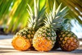 close-up of juicy pineapples under sunlit palm leaves Royalty Free Stock Photo