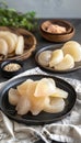 Close up of juicy pomelo fruit without peel on blurred background with space for text