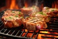 close-up of juicy pork chops on a hot bbq grill Royalty Free Stock Photo