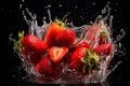 Close-up of juicy ripe strawberries falling into clear water in macro photography