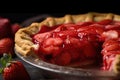 close-up of juicy and ripe strawberry pie, with sweet juices seeping from the slices