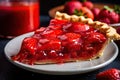 close-up of juicy and ripe strawberry pie, with sweet juices seeping from the slices