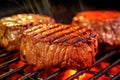 close-up of juicy steak on grill grates