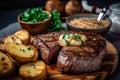 close-up of juicy steak, with a side of crispy baked potatoes and butter