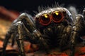 Close up of a jumping spider with orange eyes on a dark background, spider detail, macro lens, high details, photorealistic, Royalty Free Stock Photo