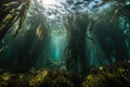 close-up of kelp forest with schools of fish swimming among the fronds