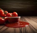 Close up of ketchup and tomatoes placed on a wooden background. Scoop ketchup with a spoon. Royalty Free Stock Photo