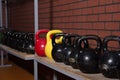 Close up kettlebells in the gym on a brick Royalty Free Stock Photo
